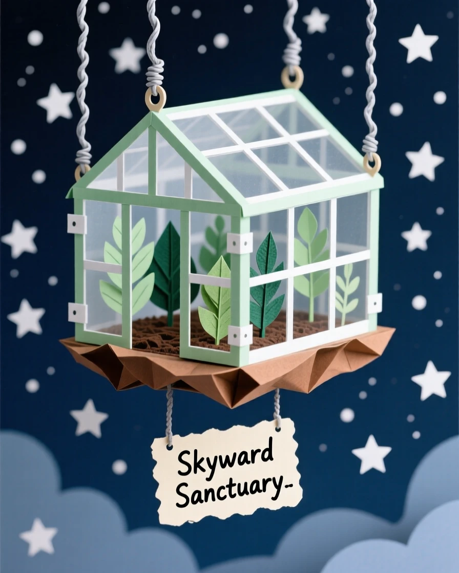 A floating greenhouse suspended in the sky set against a deep starry night sky, with gentle motion suggesting quiet magic, evoking dreamlike wonder and imagination.