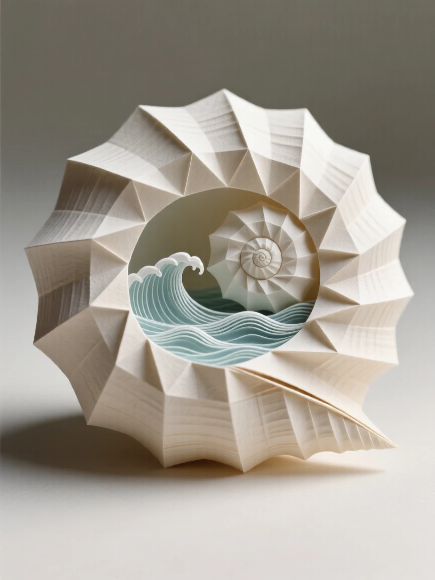 A single spiral seashell containing the sound and image of ocean waves within its curl.