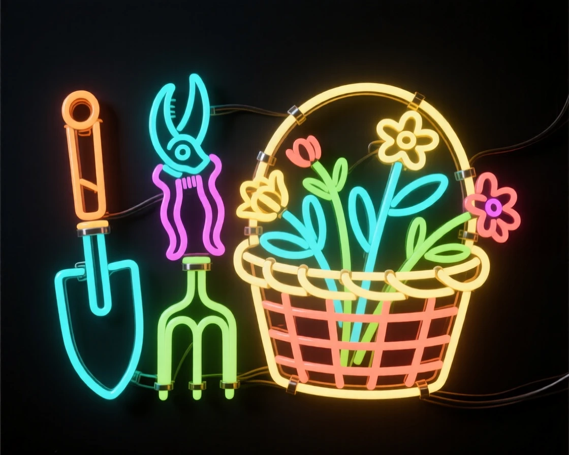 A set of gardening tools resting beside a basket of freshly cut flowers.