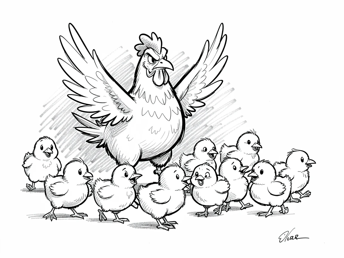 A chicken herding a group of baby chicks like a tiny army in a schoolyard during recess.