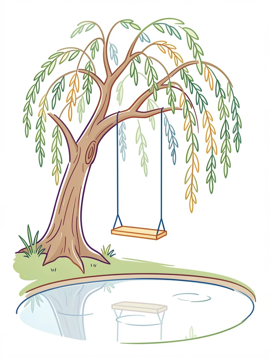 A single wooden swing hanging from an old willow beside a quiet pond.