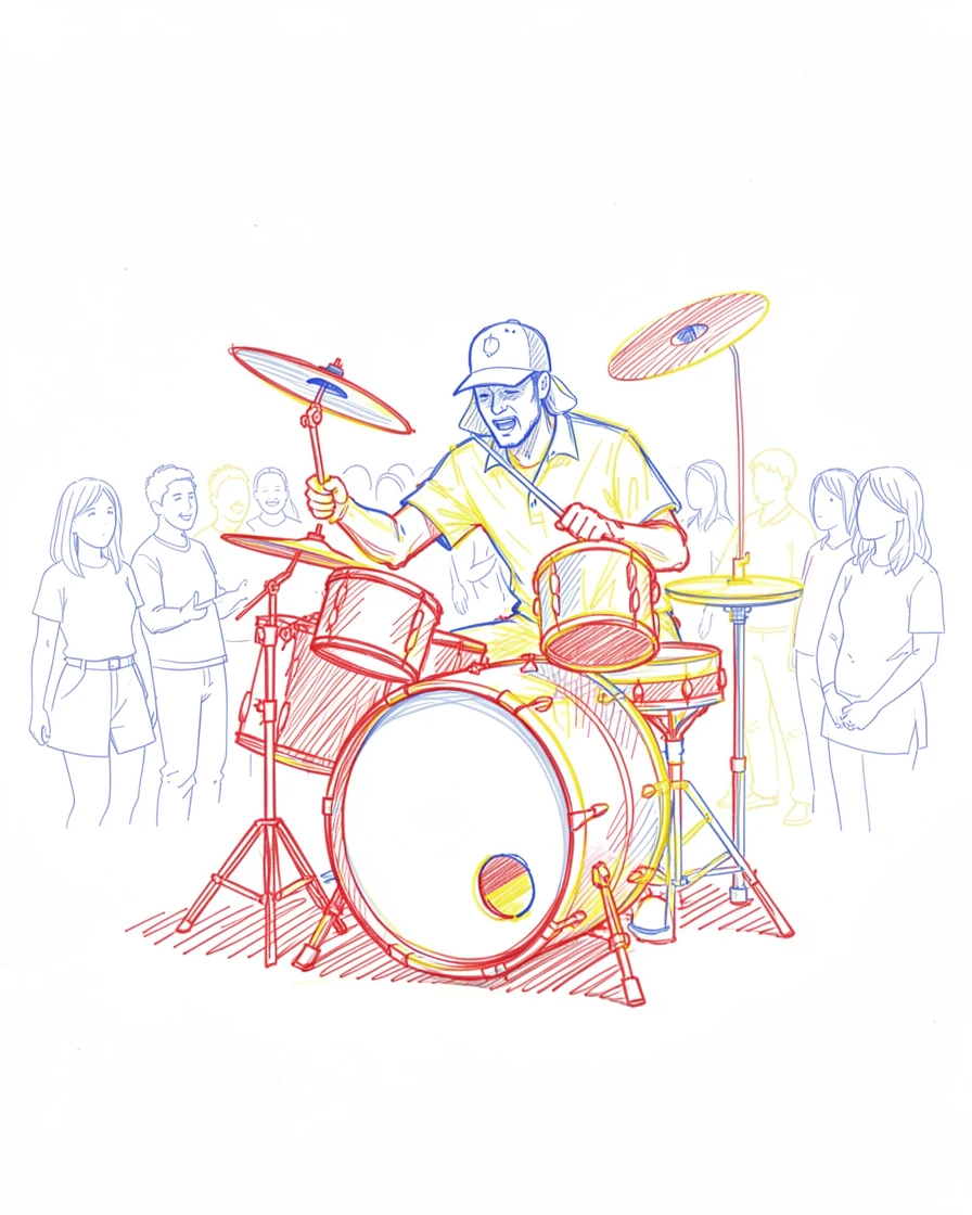 A street drummer performing energetically for a gathered crowd