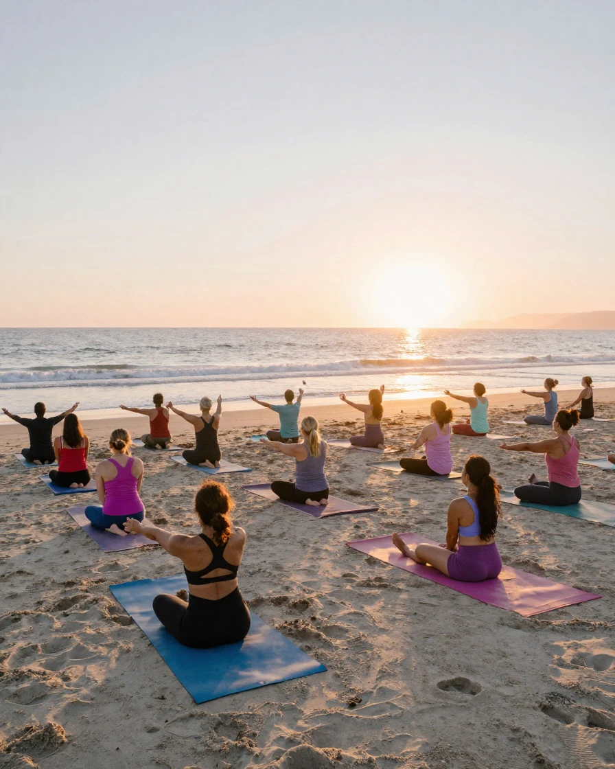 A yoga class practicing sun salutations on a beach