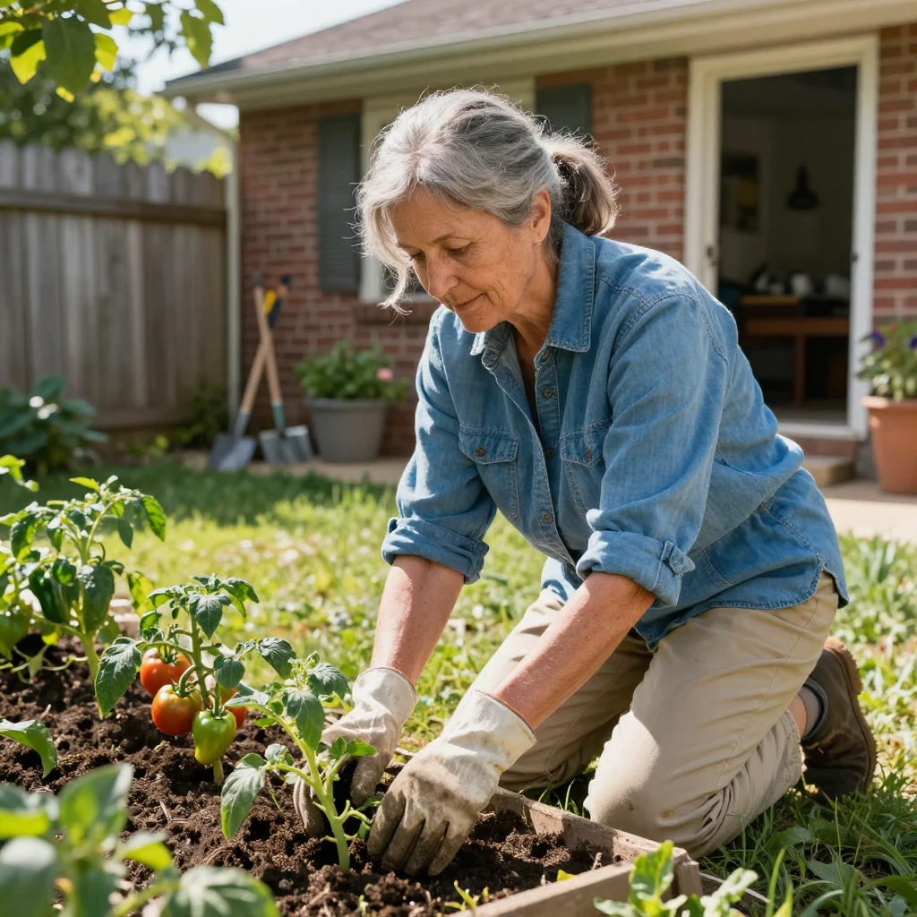 A retired teacher tends a small vegetable garden behind her house, kneeling in the soil with worn gloves.