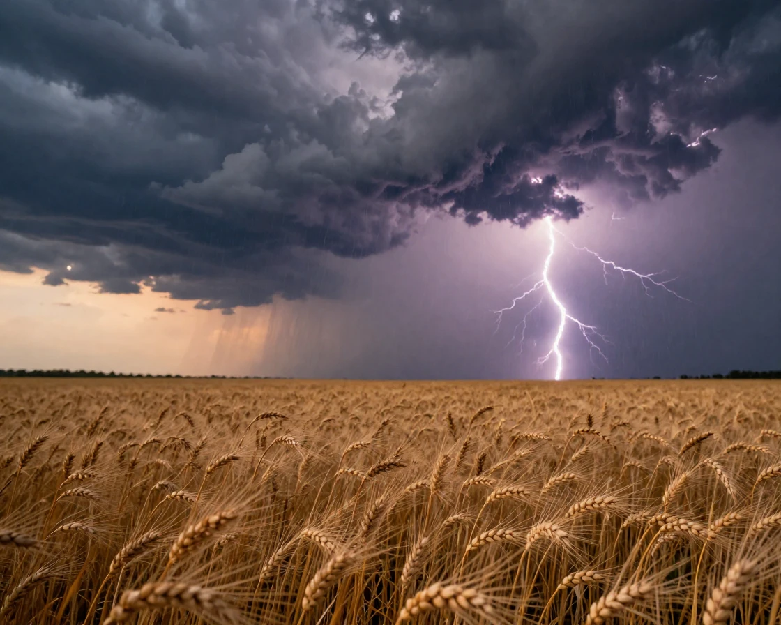 A dramatic thunderstorm rolling across a wide open wheat field at dusk
