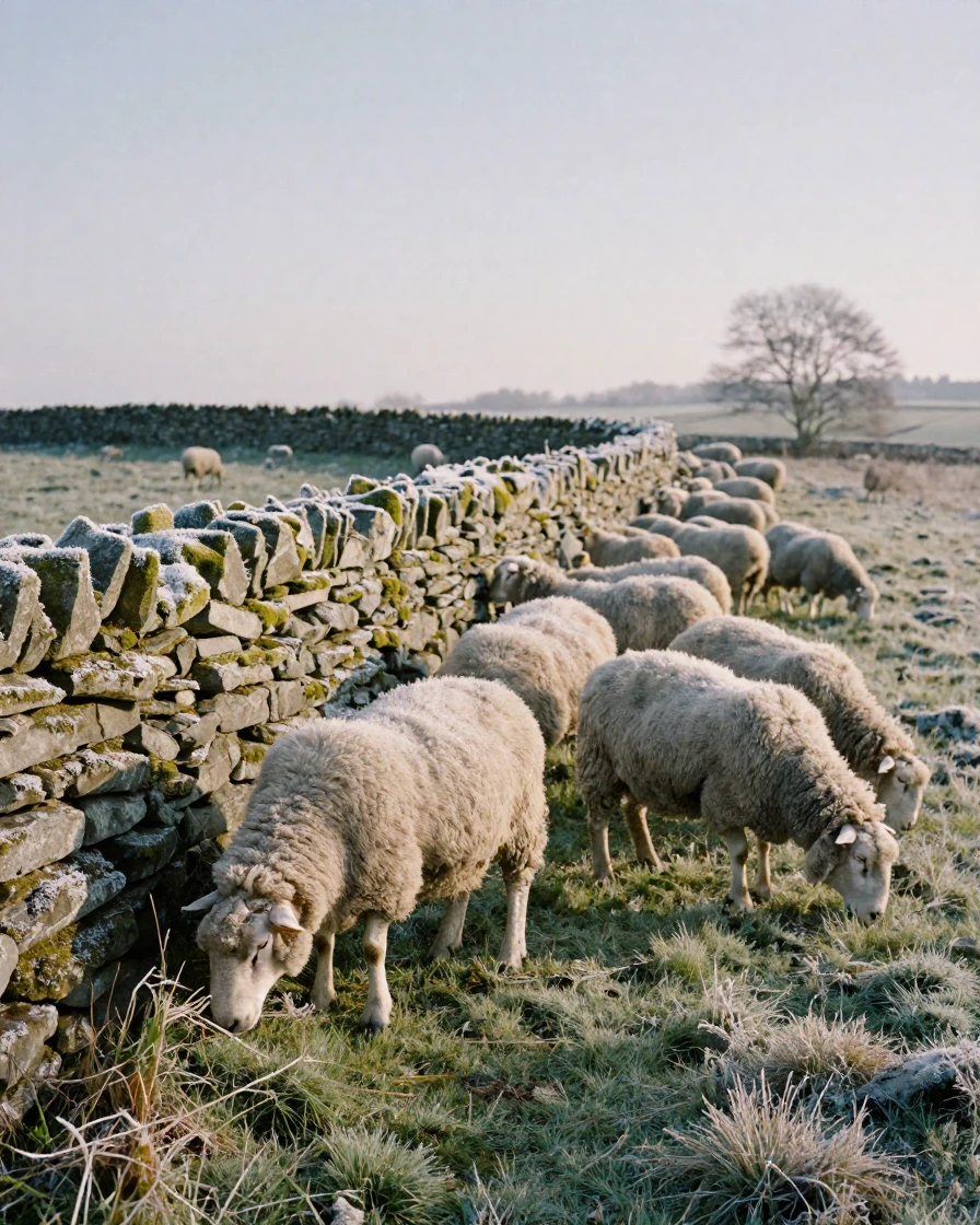 Sheep grazing peacefully beside a moss-covered stone wall, under harsh midday sun, with frost coating every surface, under the first snow of winter, in soft muted pastels, from a three-quarter angle.