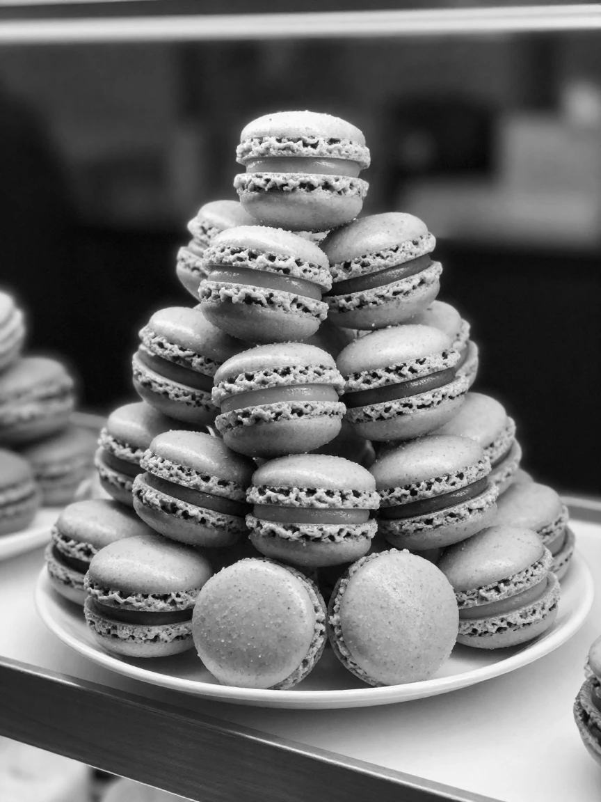 A stack of colorful macarons sits stacked in a delicate pastel tower on a bakery display shelf.