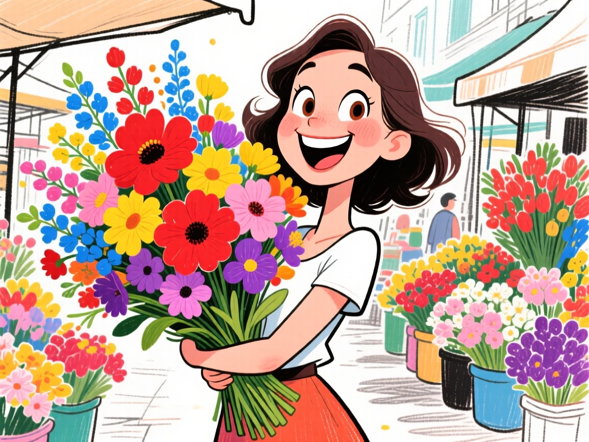 A woman posing at a flower market, arms full of a colorful bouquet.