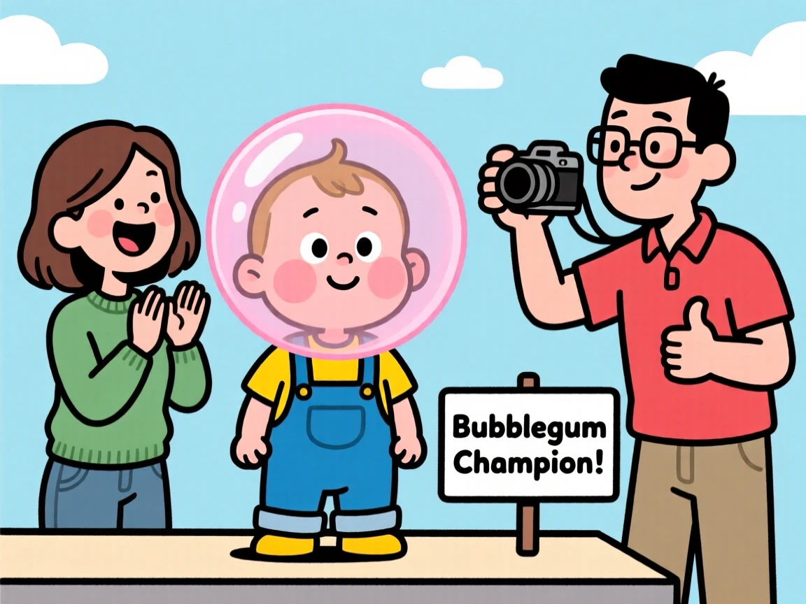 A playful childhood moment of a shy toddler blowing an enormous bubblegum bubble, as parents cheer proudly nearby.