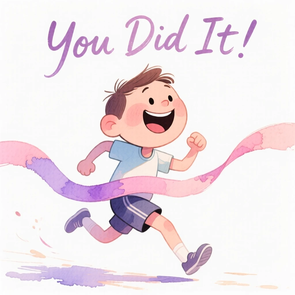 An uplifting, heartwarming moment of a runner crossing a finish line with a determined, joyful smile
