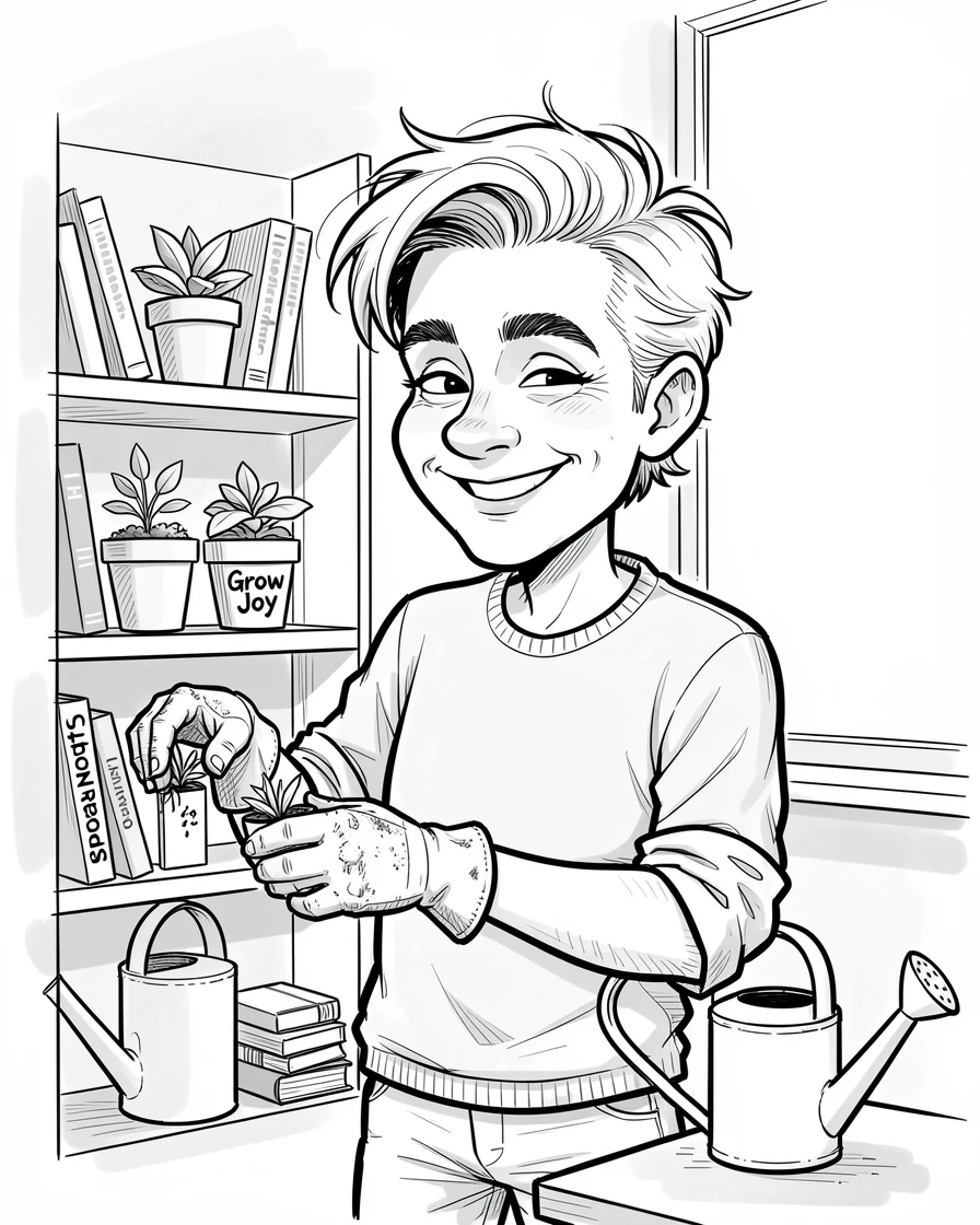 [Trending & Universal Topics] Modern lifestyle scene of a laid-back urban gardener curating a perfectly aesthetic bookshelf, capturing everyday joy