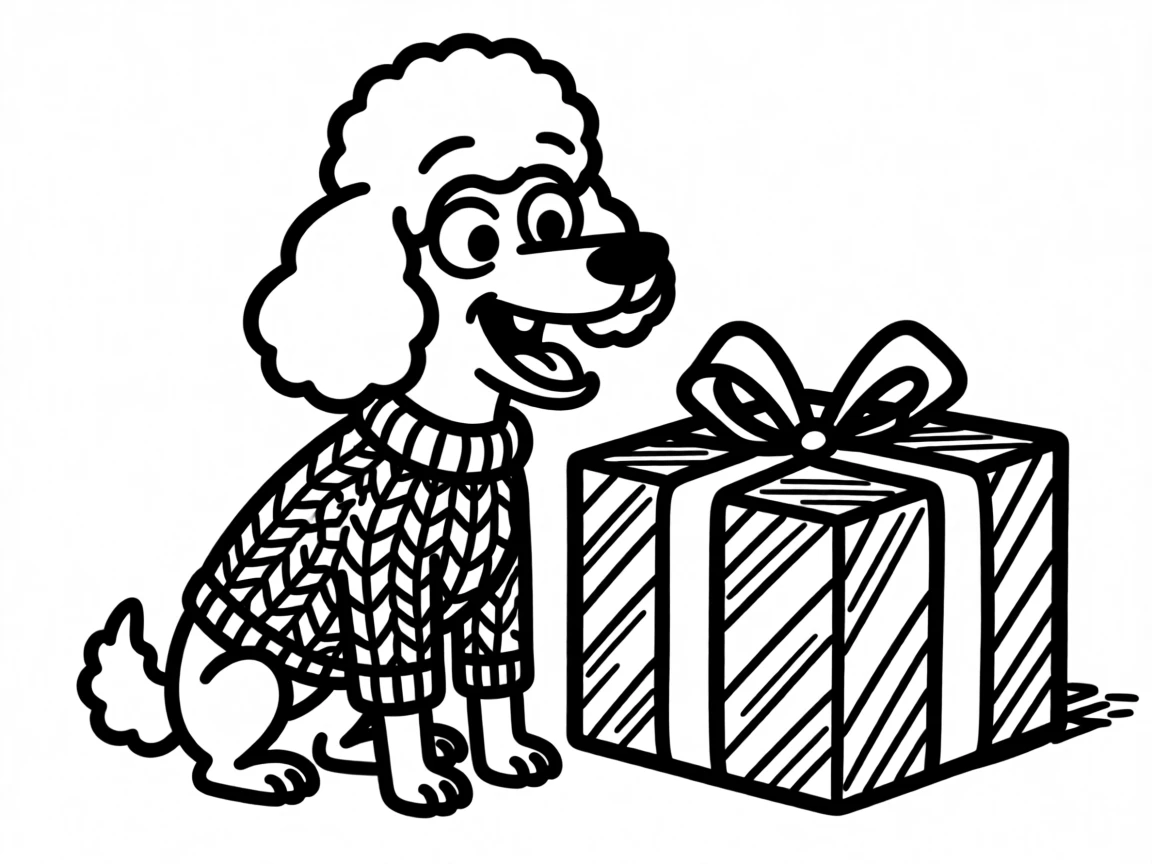 A poodle wearing a knitted holiday sweater, sitting beside a wrapped present twice its size.