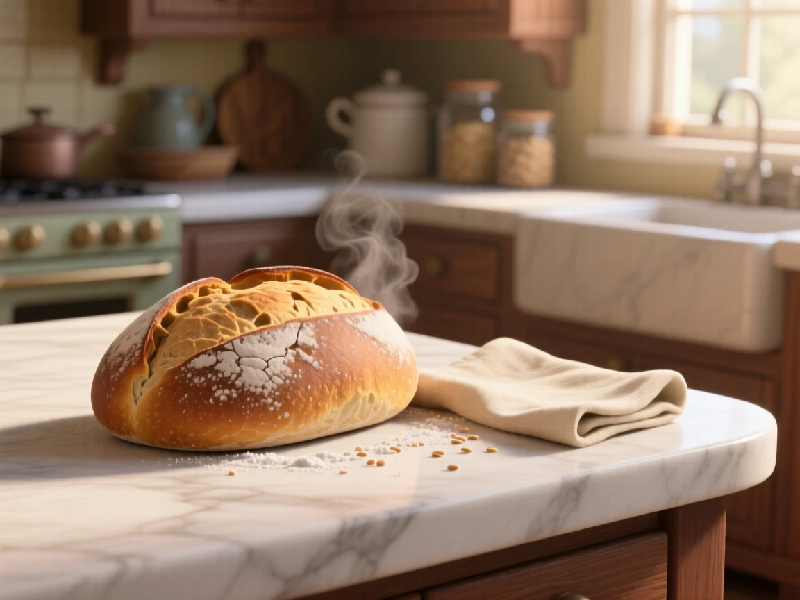 A rustic loaf of sourdough bread sits on a marble kitchen counter dusted with flour, next to a folded linen napkin. A comforting, homey feeling fills the moment.