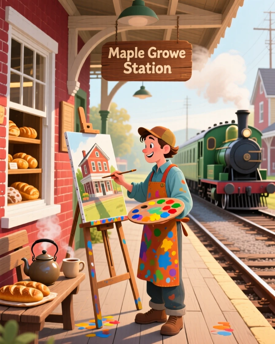 A painter working at an easel spends the morning brewing a pot of tea for the afternoon in a small-town train station, with the smell of fresh bread drifting through the air.