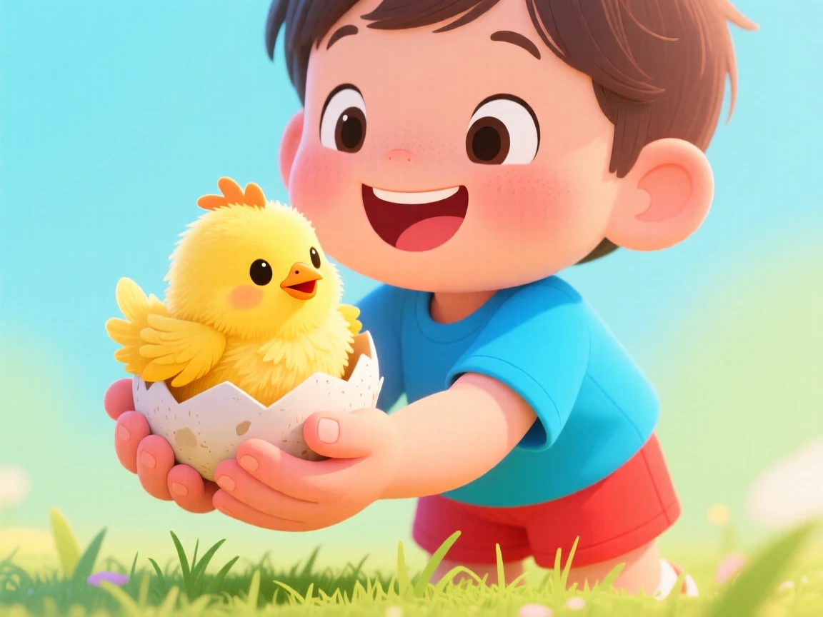 A child carefully carrying a newly hatched chick in cupped hands.