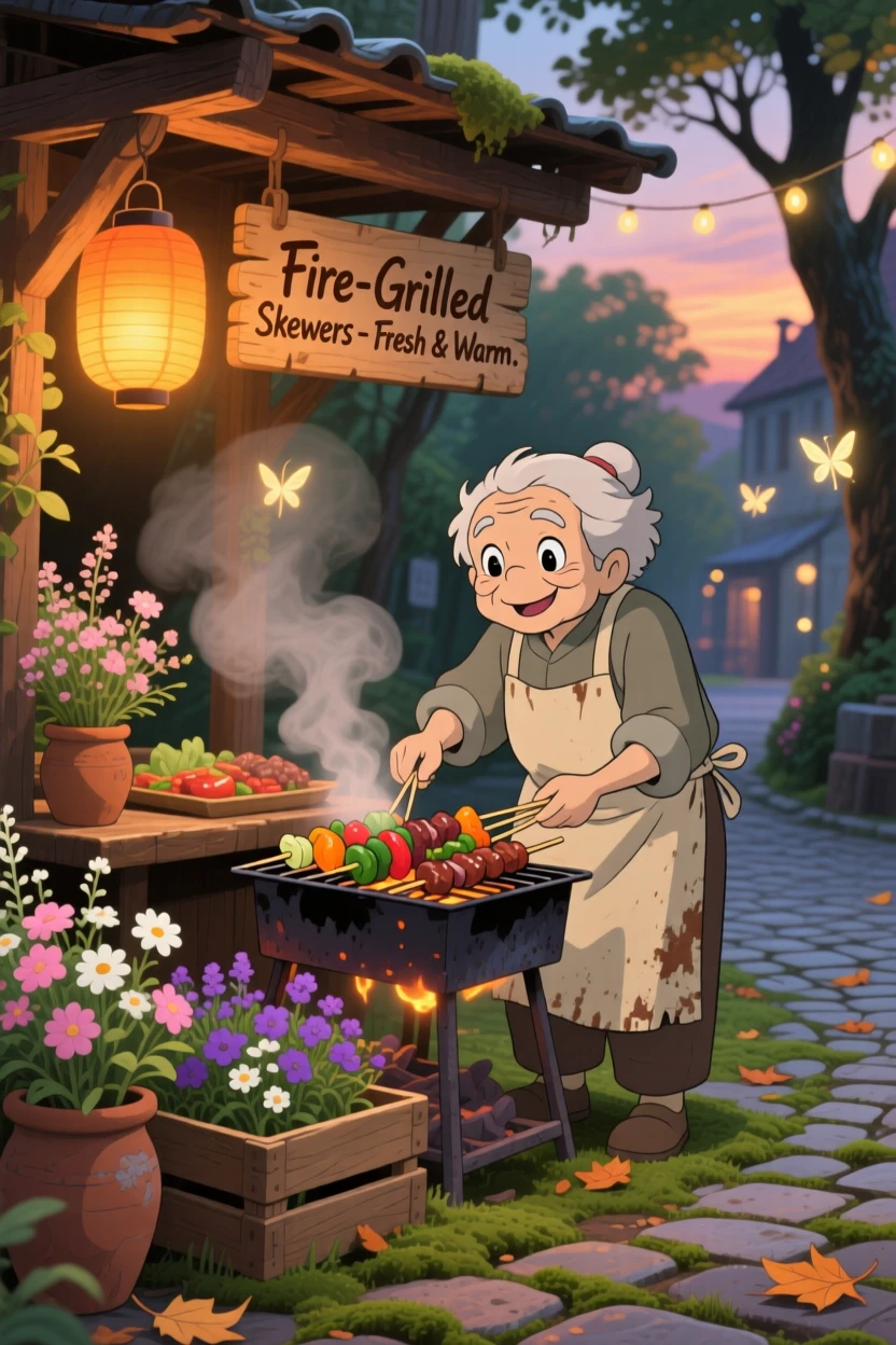 A warm, inviting scene of a street vendor grilling skewers under warm lantern light, with fresh flowers arranged nearby.