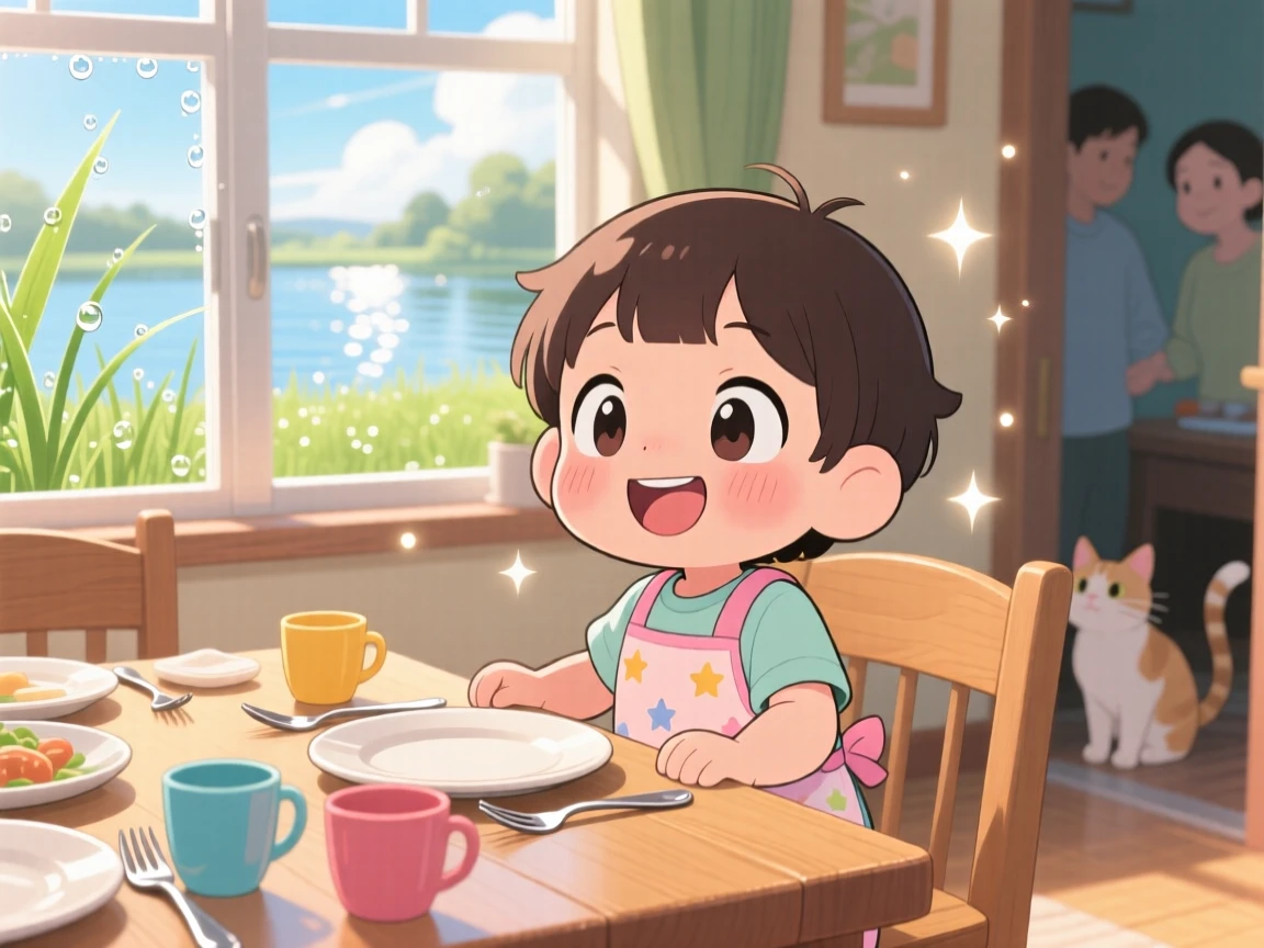 A child setting the table for dinner in a warm family dining room as morning dew glistens on the grass; shimmering reflected light off water washes over the scene as giggling amusement fills the moment. Extreme close-up.
