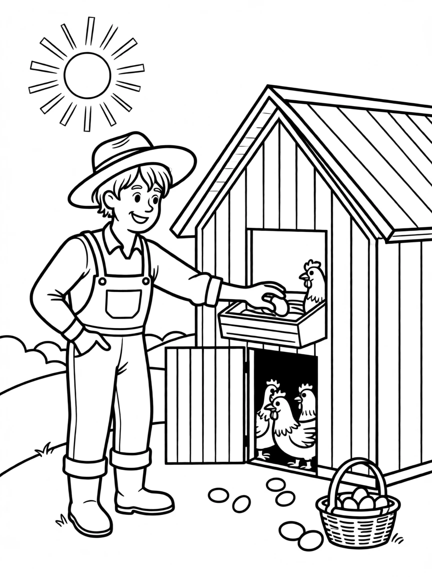 A farmer collecting fresh eggs from a henhouse