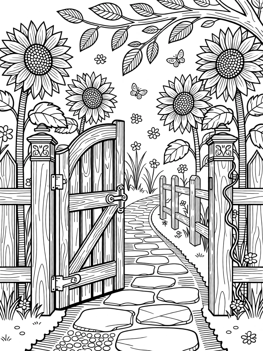 A single wooden gate opening onto a path lined with sunflowers.