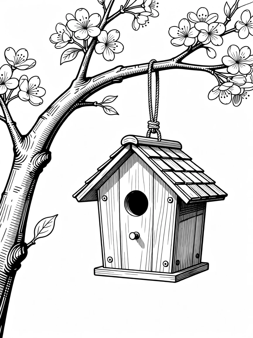 A rustic birdhouse hanging from a blossoming tree branch