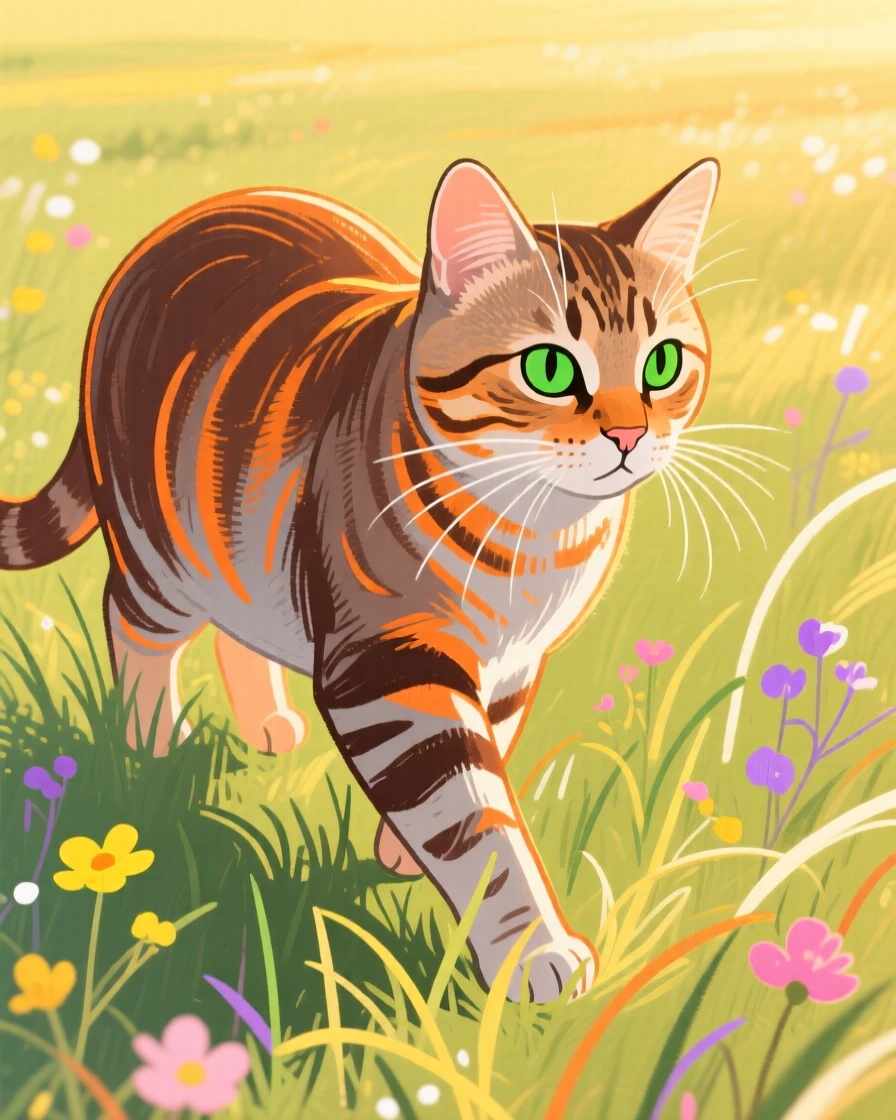 A tabby cat exploring in a sunlit meadow during golden hour.