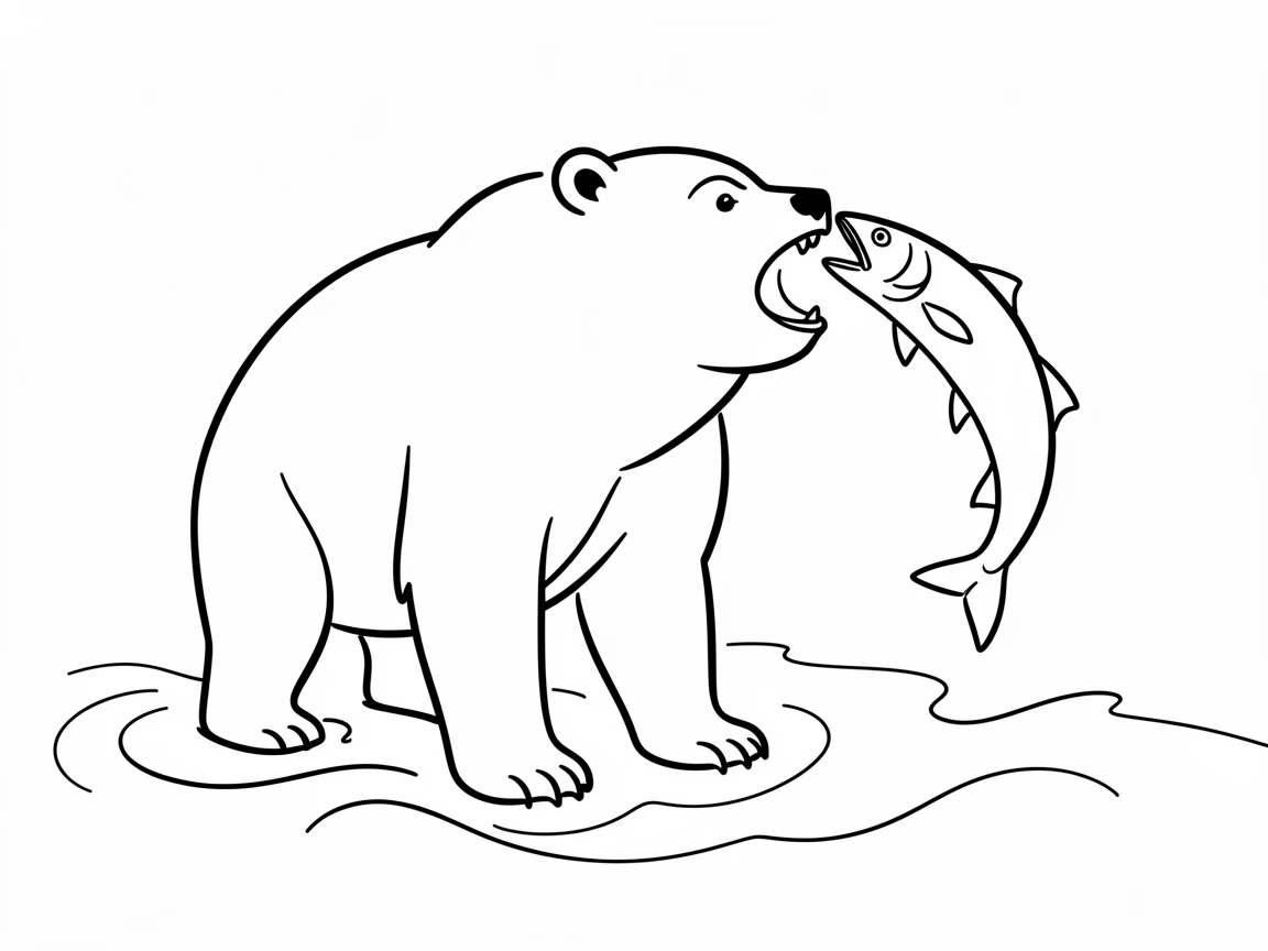 A grizzly bear standing in a rushing river, catching a leaping salmon in its jaws