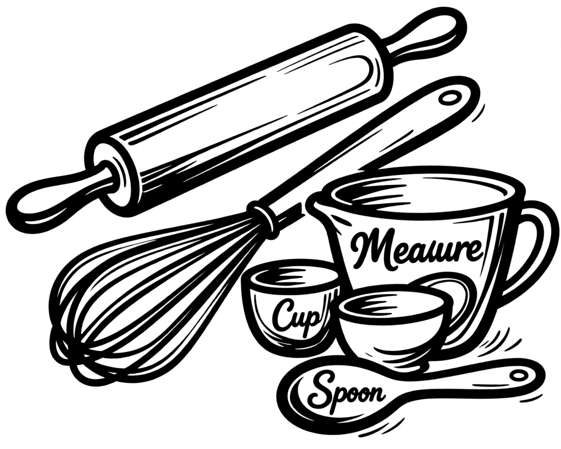 A flat lay of baking tools including a rolling pin, whisk, and measuring cups.