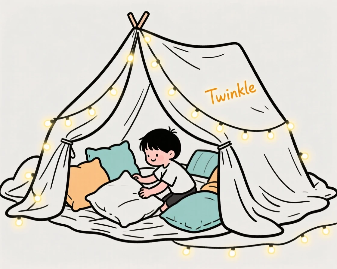 A child building an elaborate blanket fort filled with pillows and fairy lights.