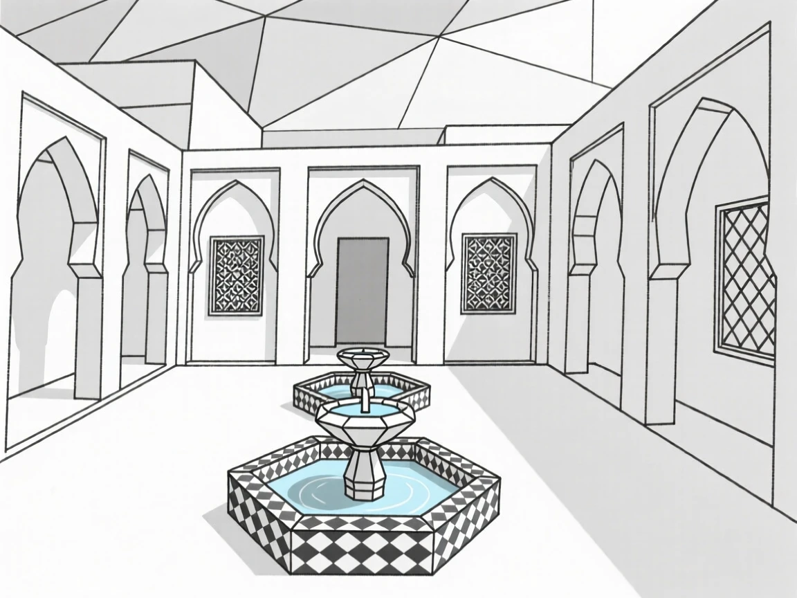 A traditional Moroccan riad courtyard with tiled fountains