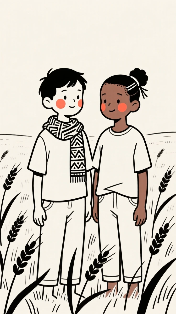 Close childhood friends of Ethiopian heritage, radiating quiet confidence, in a wheat field at harvest.