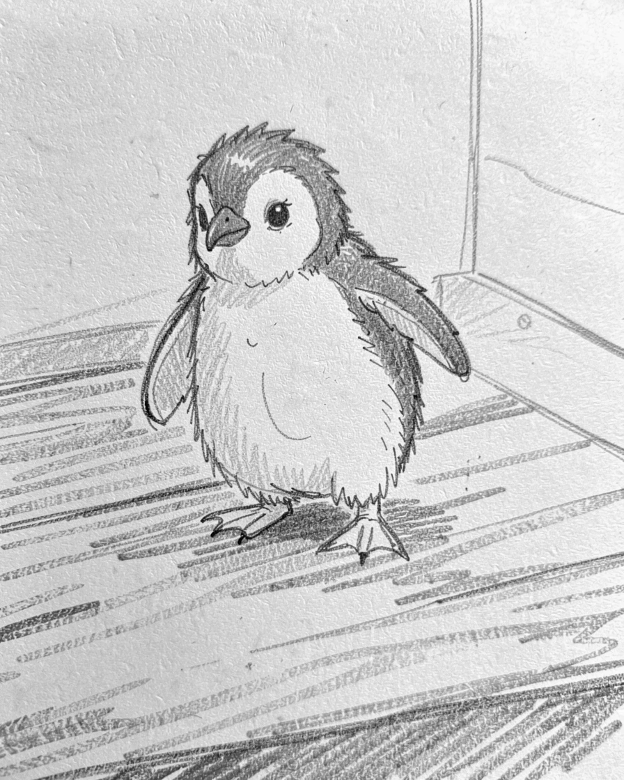 A baby penguin waddling across the ice, on a warm porch step, looking utterly adorable and at ease.