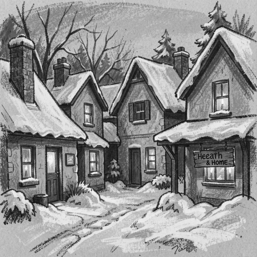 A quiet snow-covered village with warm lights in every window, as soft candlelight flickers nearby.