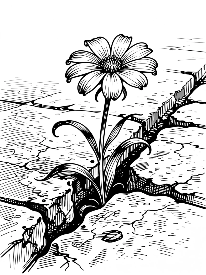A single wildflower growing through a crack in an old stone path.