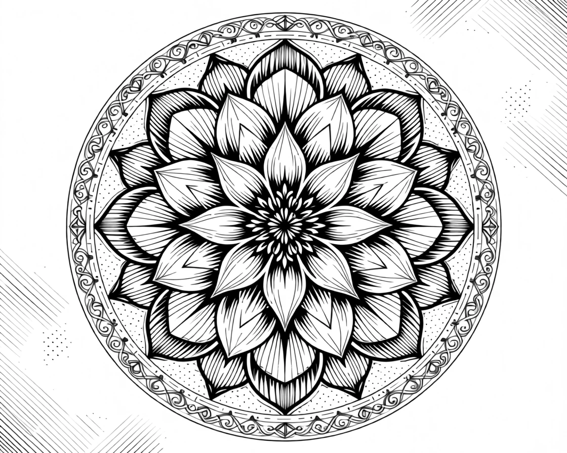 A mandala of interlocking floral shapes framed by a delicate decorative border, with intricate detailing that rewards close viewing, forming a timelessly decorative composition.