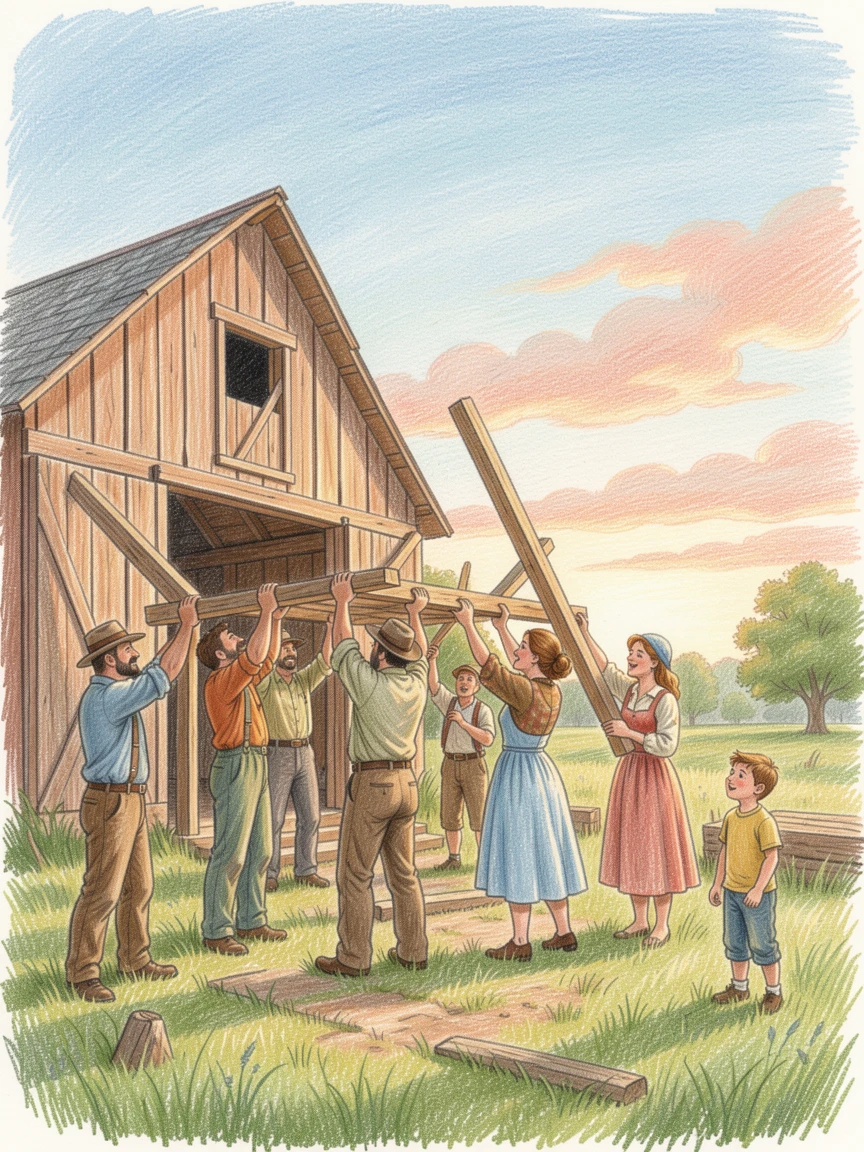 A rural barn raising with neighbors gathered under a summer sky, bathed in the warm glow of golden-hour light, radiating comfort, joy, and quiet beauty.
