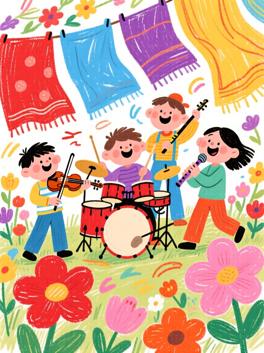 A group of musicians surrounded by vibrant fabric and flowers.