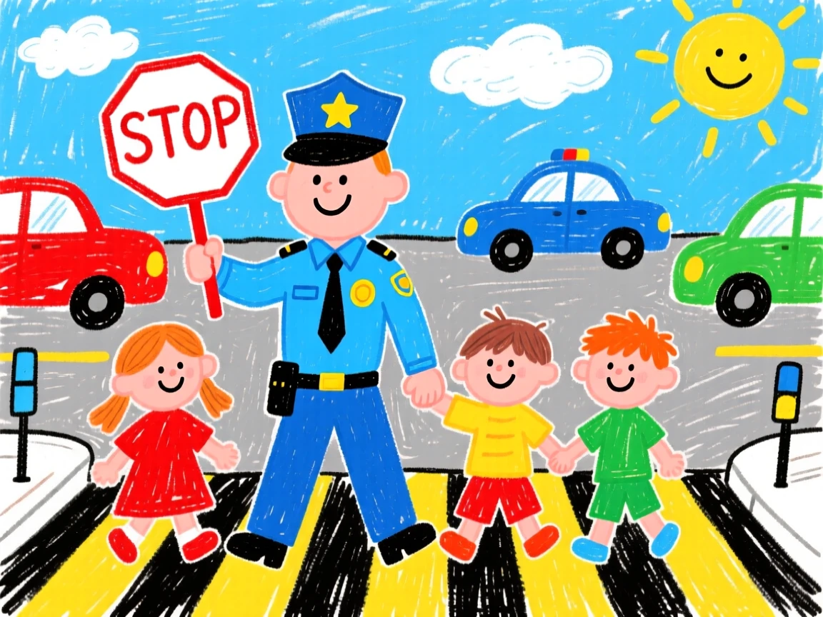 A police officer helping children cross a busy street safely.