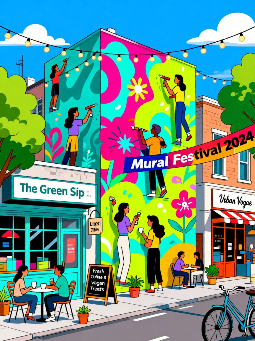 A vibrant mural festival with artists painting a giant wall, surrounded by trendy shops and cafés, arranged with vibrant background detail supporting the subject, with vibrant, trendy colors that feel fresh and current.