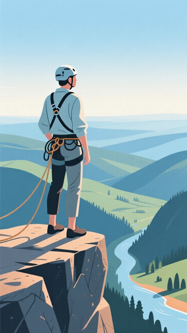 A climber pausing to look back at the valley far below.