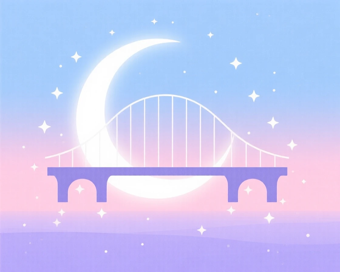 A bridge made of moonlight floating above a surreal pastel-colored horizon, surrounded by softly falling stardust, radiating whimsical fantasy.