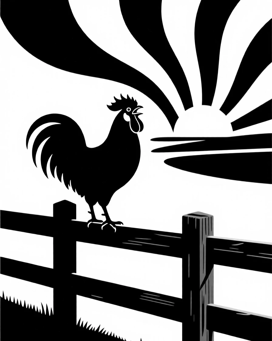 A rooster crowing atop a fence at sunrise.