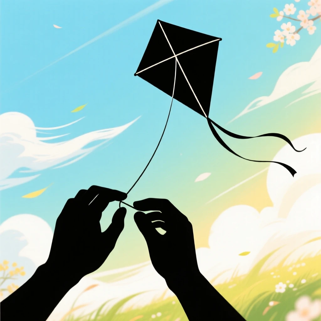 A pair of hands releasing a homemade kite into a gusty spring sky.