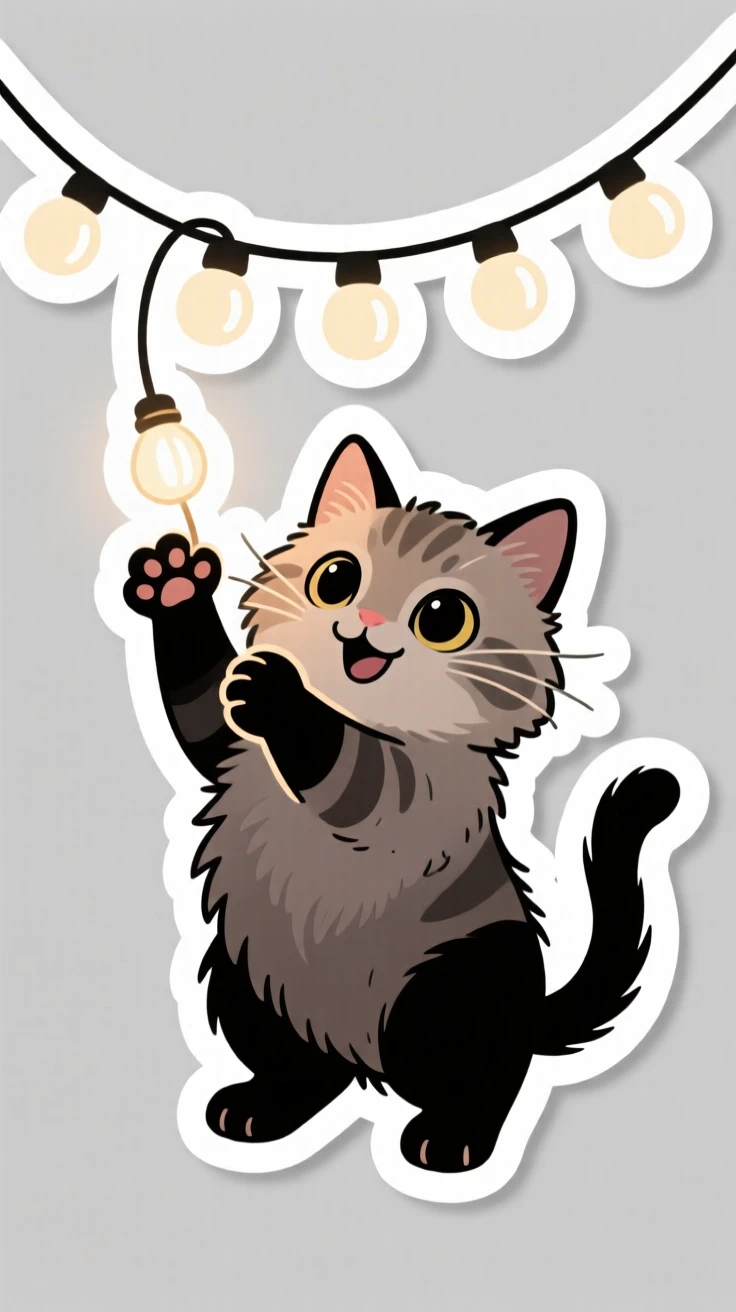 An effortlessly charming kitten batting at a dangling string of lights, with an expression that melts hearts instantly, a scene made for smiling at your screen.