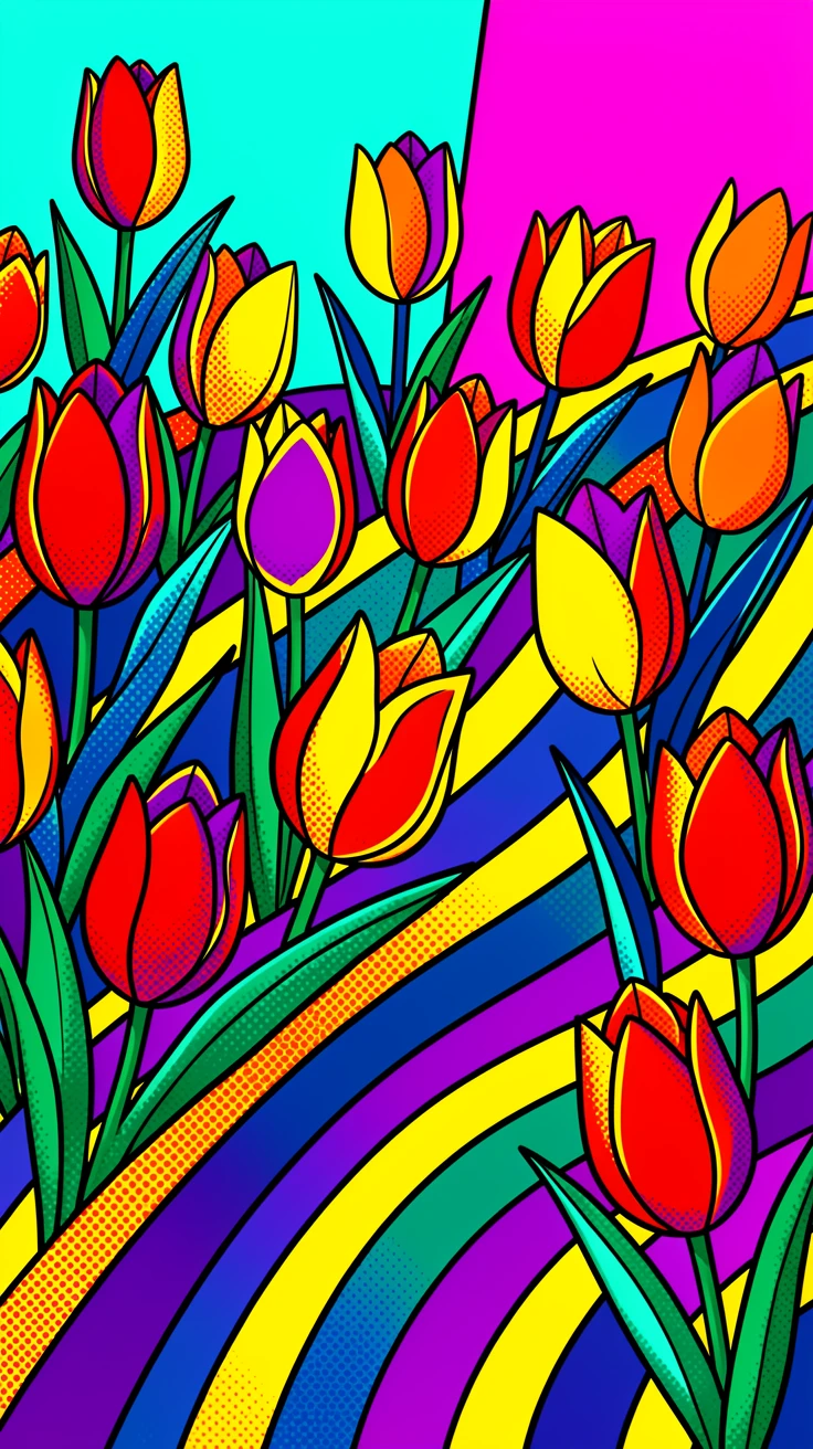 A field of tulips arranged in elaborate stripes