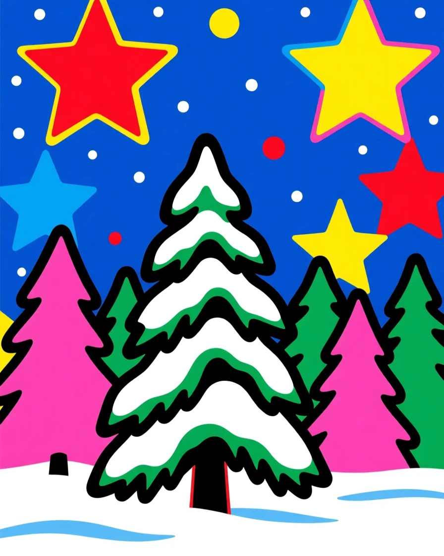 Snow-covered spruce trees under a starry night