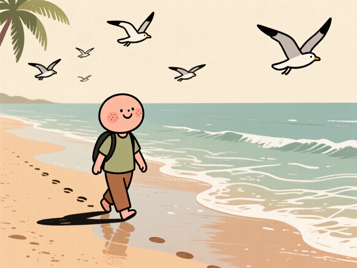 Waves roll gently onto a wide tropical beach where a lone traveler walk along the shoreline, leaving footprints in the wet sand as gulls glide overhead.
