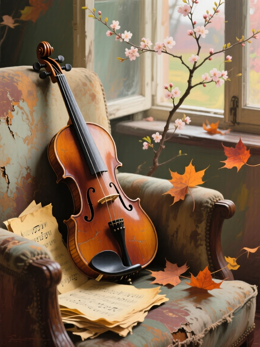 A tightly framed close-up of a violin leaning against a worn armchair beside sheet music, as spring blossoms open, amid swirling autumn wind.