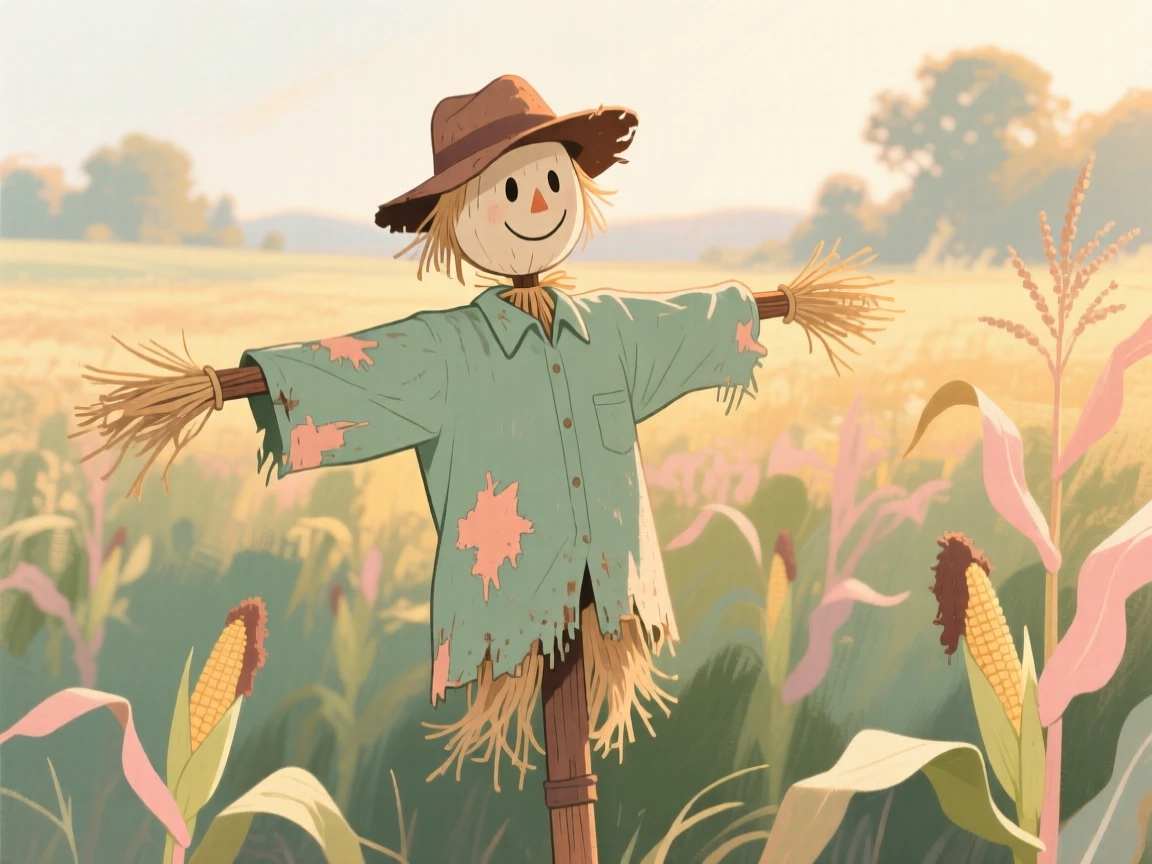 A weathered scarecrow standing guard over a cornfield