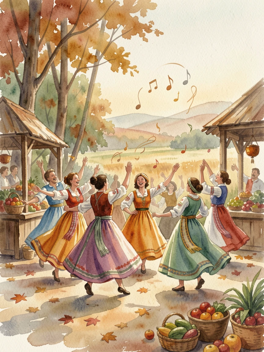 Dancers in traditional dress celebrating a harvest festival with joyful music filling the air.