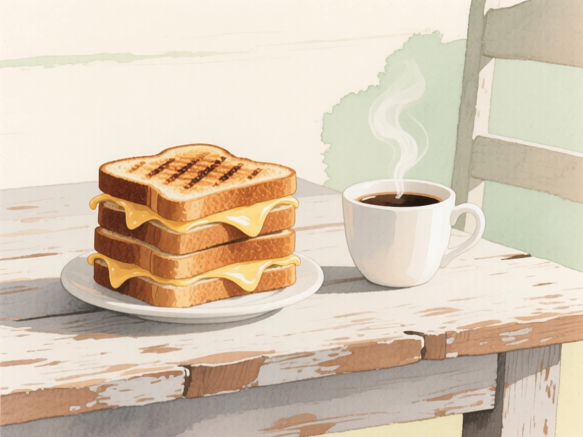A stack of grilled sandwiches sits next to a steaming cup of coffee on a rustic farmhouse table, arranged beautifully for a delightful meal